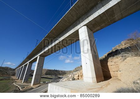 view of a high-speed viaduct in Alconchel de Ariza, Saragossa, Aragon, Spain. AVE Madrid Barcelona.