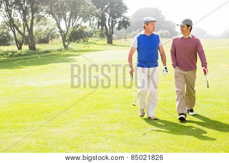 Golfer friends walking and chatting on a sunny day at the golf course