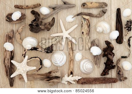 Shell and driftwood abstract design over old oak background.