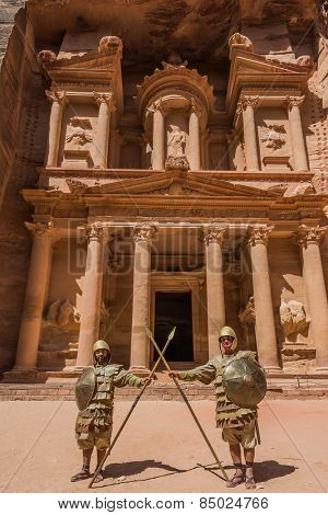 Petra, Jordan - May 11, 2013 Nabatean soldiers in front Al Khazneh or The Treasury in Nabatean Petra Jordan middle east