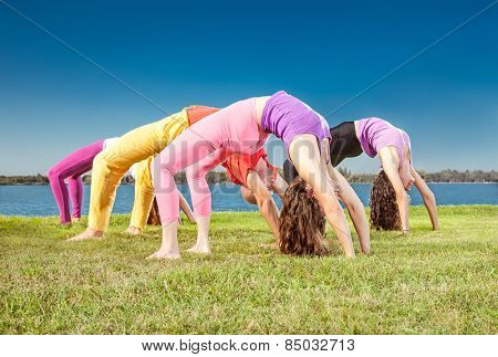 People practice Yoga asana at lakeside on suny day. Yoga concept.