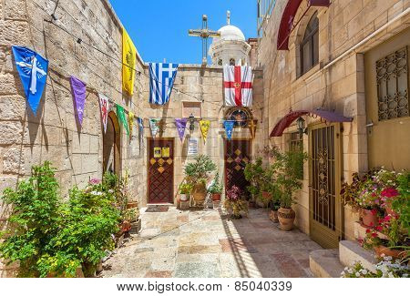 JERUSALEM, ISRAEL - JULY 10, 2014: Backyard view of Gethsemane Metoxion - Greek Orthodox monastery located near Church of the Holy Sepulchre, the holiest place for christians in Jerusalem.