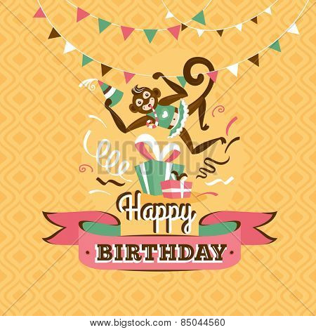Vintage birthday greeting card with a monkey on a geometric retro background