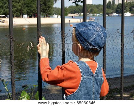 Little boy looking behind fence