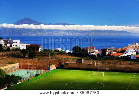 Agulo and El Teide Volcano, La Gomera, Spain, Europe