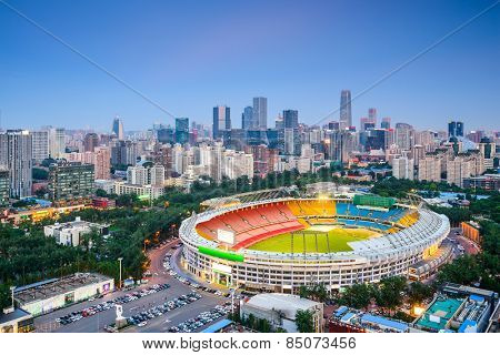 Beijing, China cityscape over the stadium towards the CBD.