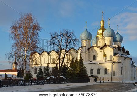 KAZAN, RUSSIA - JANUARY 4, 2015: People under the Annunciation Cathedral of the Kazan Kremlin. Built in 1555-1562, it is federal listed cultural heritage venue