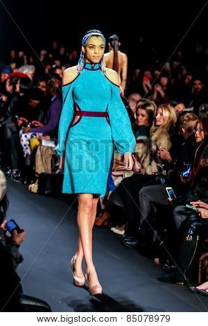 NEW YORK - FEBRUARY 13: A model walks the runway at the Mongol Fall/Winter 2015 collection during Mercedes-Benz Fashion Week in New York on February 13, 2015.