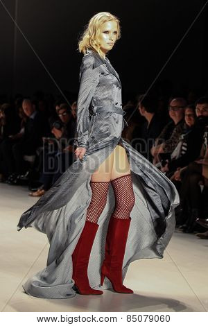 NEW YORK - FEBRUARY 13: A model walks the runway at the Mark & Estel Fall/Winter 2015 collection during Mercedes-Benz Fashion Week in New York on February 13, 2015.