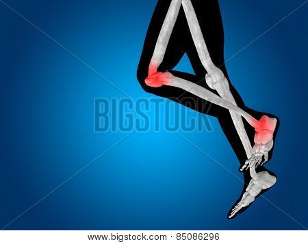 Conceptual 3D human man anatomy or health design, joint or articular pain, ache or injury on blue background, for medical, fitness, medicine, bone, care, hurt, osteoporosis, painful, arthritis or body