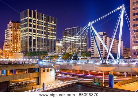Hartford, Connecticut, USA downtown cityscape at Founders Bridge.
