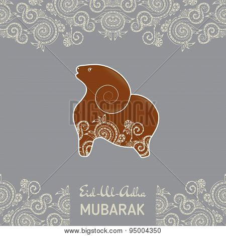 Greeting card template for Muslim Community Festival Eid-Al-Fitr Mubarak with flat sheep illustratio