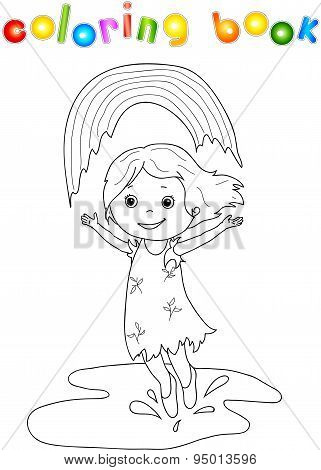 Girl dancing in the rain with rainbow