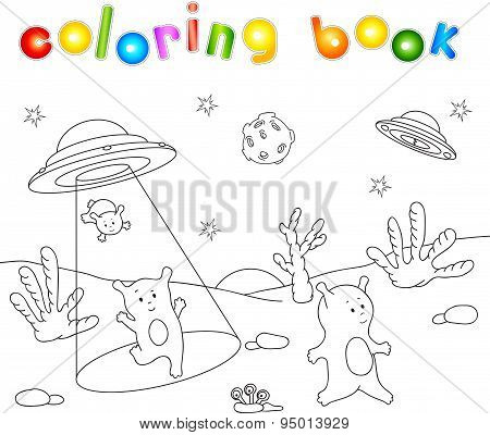 Cute Friendly Aliens Land On The Planet's Surface From The Spacecraft. Educational Game For Children