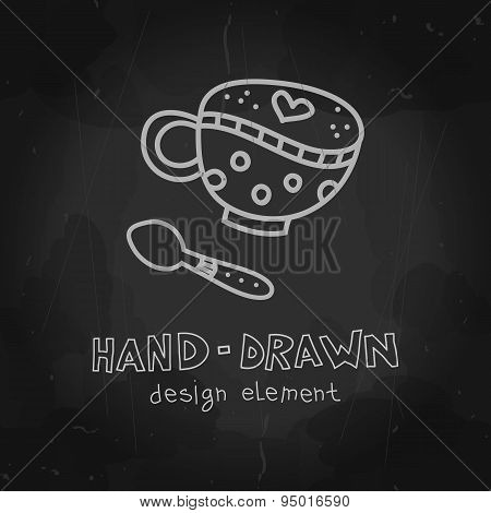 Dotted Coffee cup with spoon. Vector chalkboard drawing. Tea cup