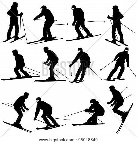 Mountain Skier  Man Speeding Down Slope. Vector Sport Silhouette