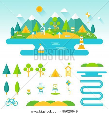 Lake, beach, woods and mountains summer landscape