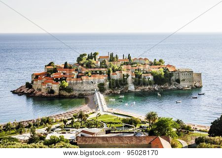Island-hotel Of Sveti Stefan In Montenegro On A  Summer Day