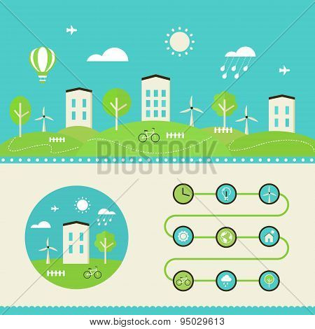 Eco Town and Eco Living Landscape and Infographics Elements