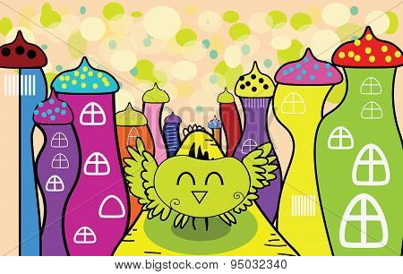 Vector cartoon happy owl in the fairy town