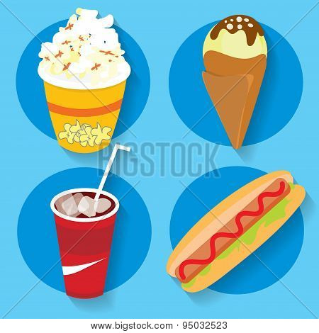 Set of icons fast food popcorn ice cream cola hot dog