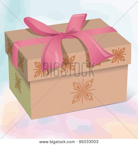 Beige beautiful gift box with a pink bow