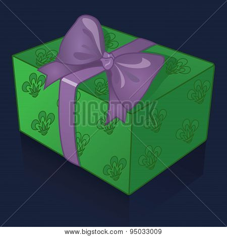 Beautiful green gift box with purple bow on a blue background
