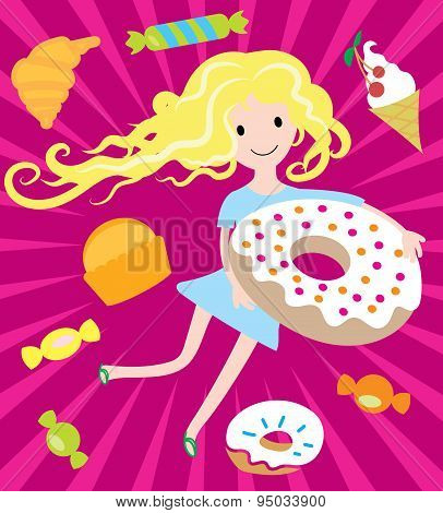 Girl dreams with big donut and tasty sweets