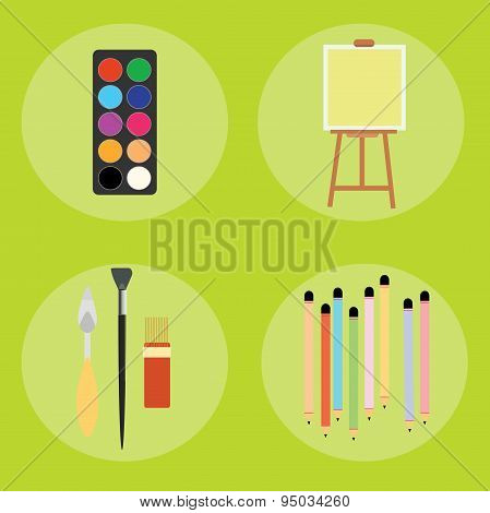 Set of artist pencils paint brush canvas palette knife