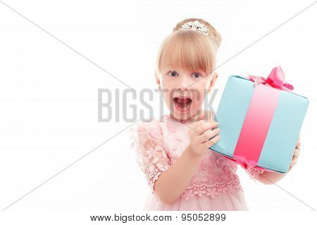 Positive girl holding present box