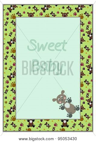 Card frame with green background, nice teddy-bears and colourful