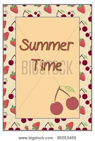Strawberry and cherry - summer time card frame on yellow backgro