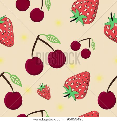 Seamless cherry strawberry vector illustration on yellow backgro