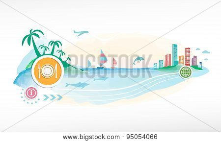 Plate, Fork And Knife On Travel Background.