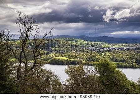 View From Claife Heights Over Stormy Landscape Of Lake Windermere In Lake District