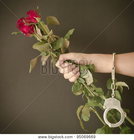 Red Rose In Hand With Handcuffs