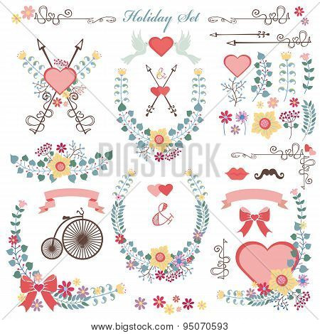 Retro Holiday set with flowers,swirls, decor.eps