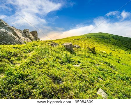 Path Through Hillside With White Boulders At Sunrise
