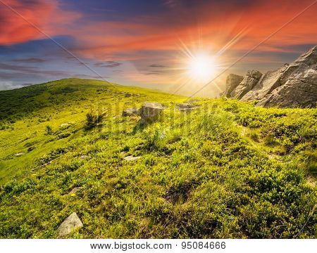 Path Through Hillside With White Boulders At Sunset