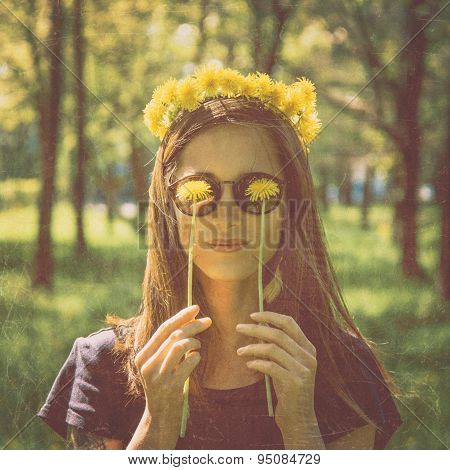 Smiling Woman With Yellow Dandelions