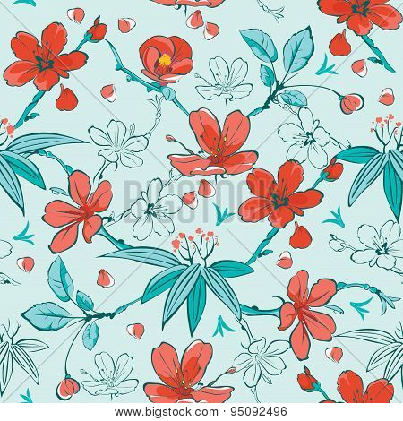 Vector Blue Red Japanese Flowers Seamless Pattern