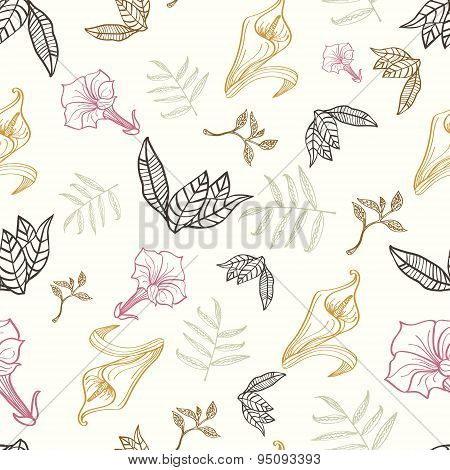 Vector Floral Gold Pink Brown Tropical Drawing Seamless Pattern