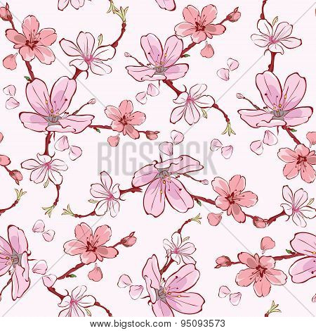 Vector Pink Cherry Sakura Flowers Seamless Pattern