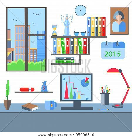 Room with a view from the window table, shelf, city