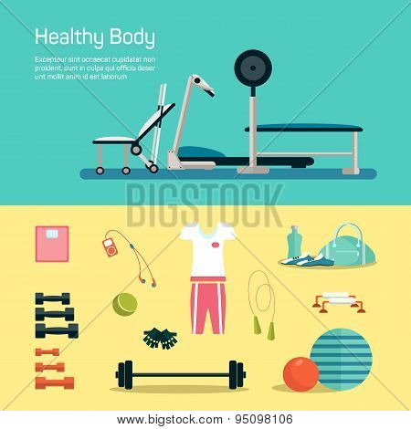 Vecotr gym set. Workout and health
