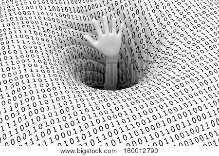 binary code is pulled into a black hole 3d illustration