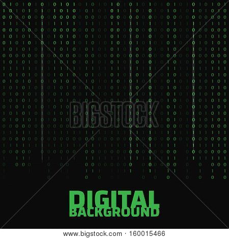 Binary code black and white background with digits on screen. Algorithm binary data code vector
