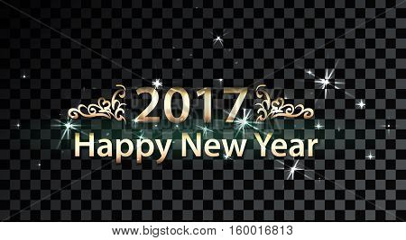 Gold Happy new year and numbers on transparent background. Vector text composition with stars and glitter and vintage ornament