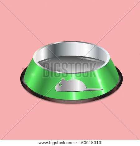 Pet dish. Empty metallic cat plate. Green chrome shiny food bowl with a mouse. Pet supply on pink background. Black edging. Vector EPS10 realistic illustration