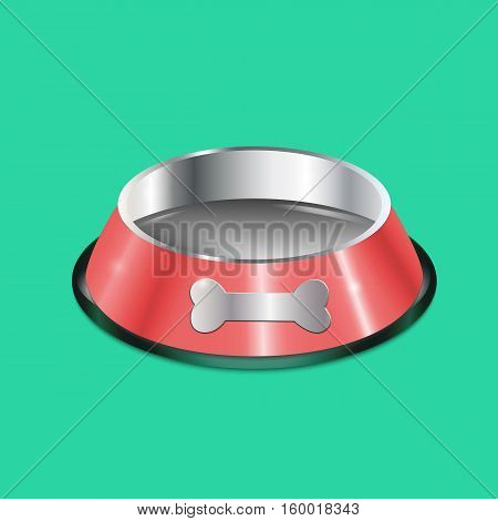 Pet dish. Empty metallic cat plate. Red chrome shiny food bowl with a bone. Pet supply on green background. Black edging. Vector EPS10 realistic illustration.